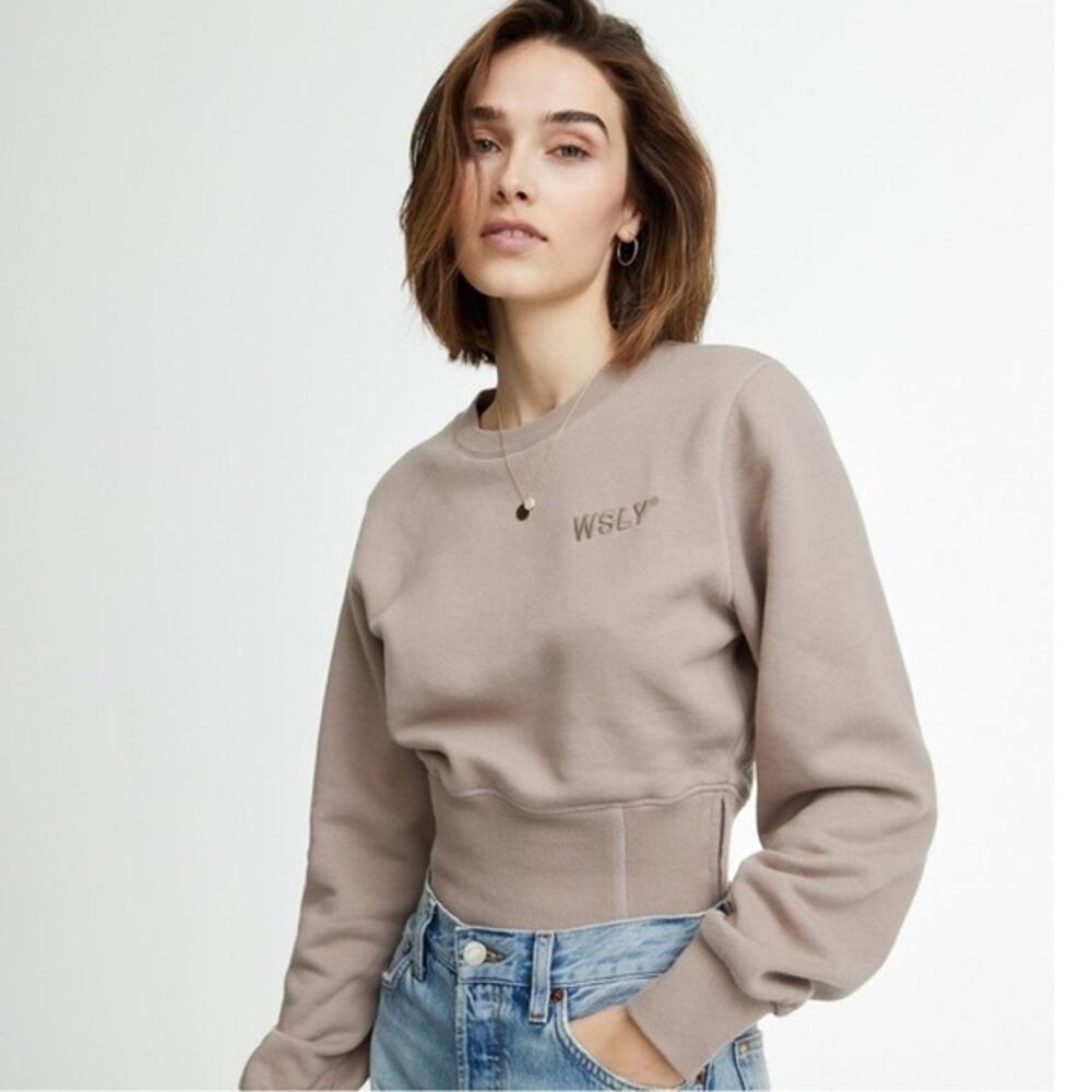 WSLY Ribbed Bodice Eco Fleece Sweatshirt Zip Womens Small Beige Brown Casual Eco
